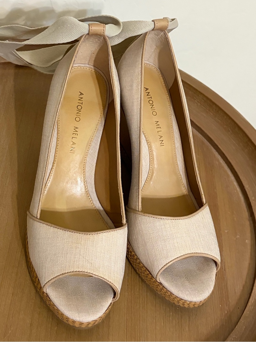 ANTONIO MELANI Neutral Beige Peep-Toe Espadrille Wedges
